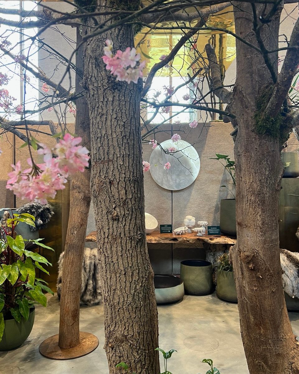 MOON Ninety lit among trees and orchids in a concept store